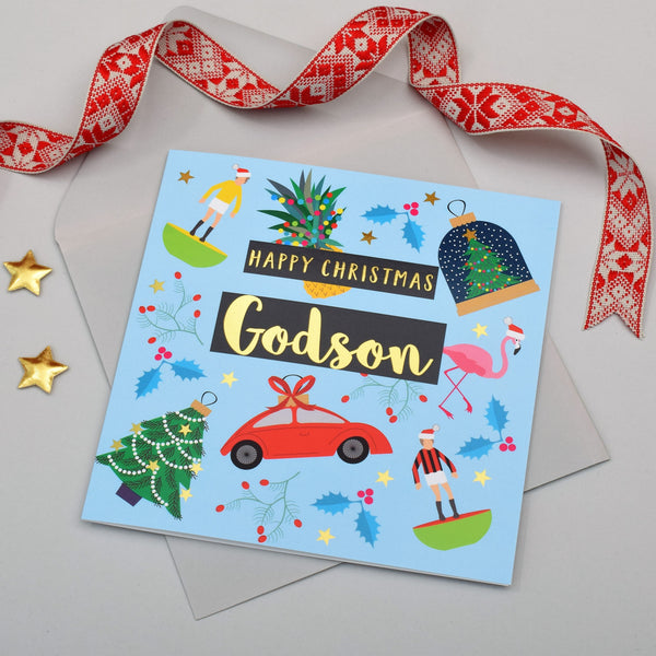 Christmas Card, Godson, Christmas Decorations text foiled in shiny gold