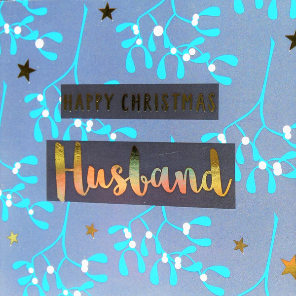 Christmas Card, Husband Blue Mistletoe, text foiled in shiny gold