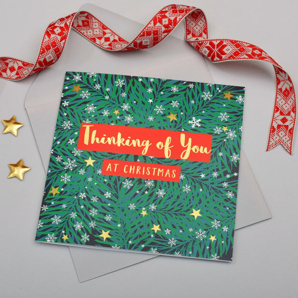 Christmas Card, Thinking of You, Wreath & Snowflakes, text foiled in shiny gold