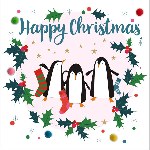 Christmas Card, Penguins, Happy Christmas, Embellished with colourful pompoms