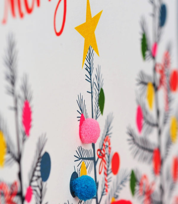 Christmas Card, Christmas Trees, Embellished with colourful pompoms