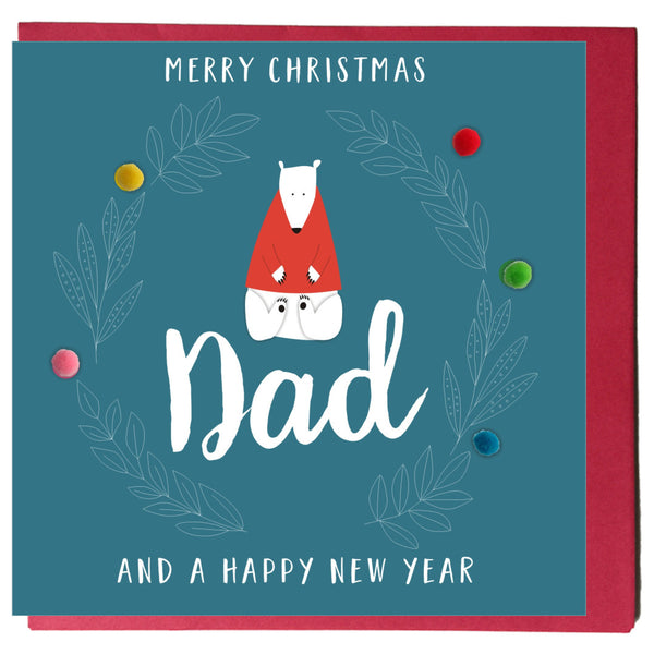 Christmas Card, Polar Bear, Merry Christmas Dad, Embellished with pompoms