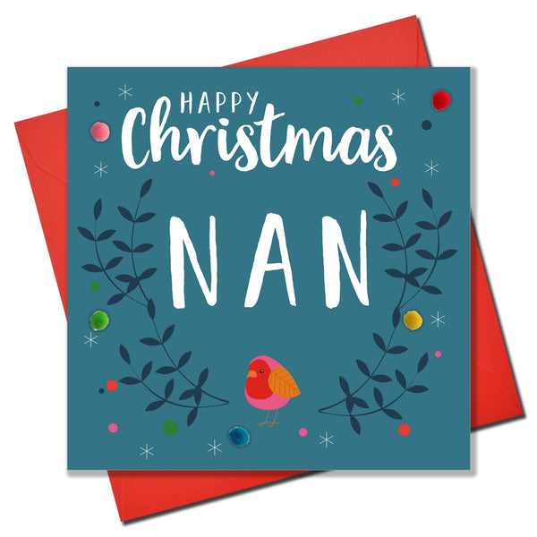 Christmas Card, Pink Robin, Nan, Embellished with colourful pompoms
