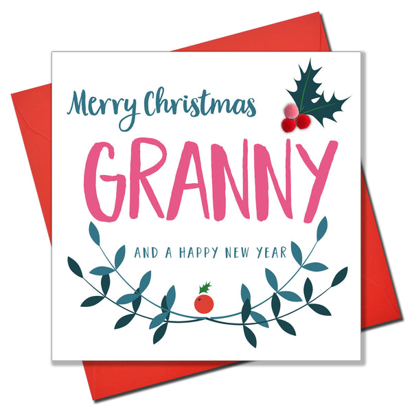 Christmas Card, Laurel & Holly, Granny, Embellished with colourful pompoms