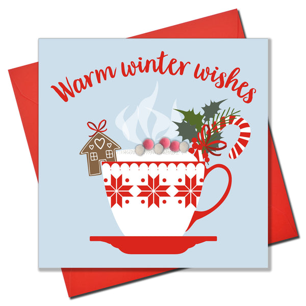 Christmas Card, Christmas cappuccino , Warm winter wishes, Pompom Embellished