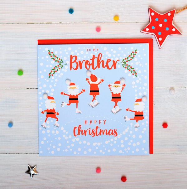 Christmas Card, Skating Santas, To my brother, Pompom Embellished