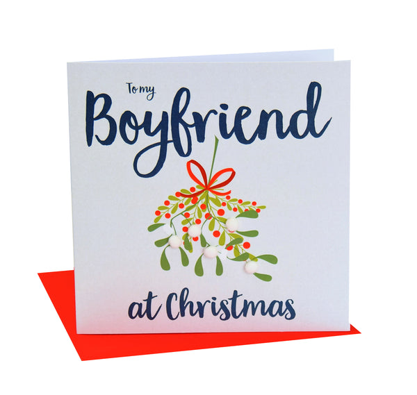 Christmas Card, Mistletoe , To my boyfriend at Christmas, Pompom Embellished