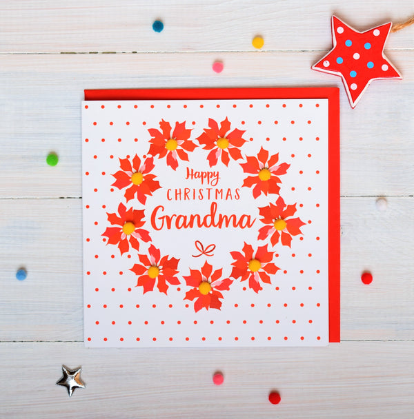 Christmas Card, Poinsettias and dots, grandma, Pompom Embellished