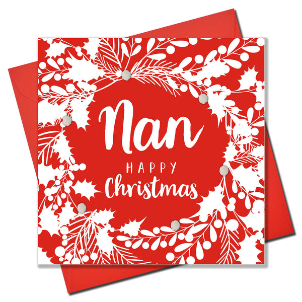 Christmas Card, White foliage on red , Nan, happy Christmas, Pompom Embellished