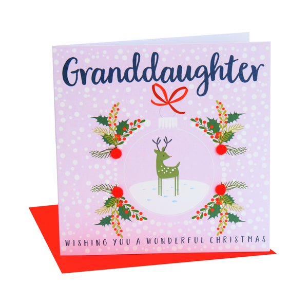 Christmas Card, Reindeer in a bauble, Granddaughter, Pompom Embellished