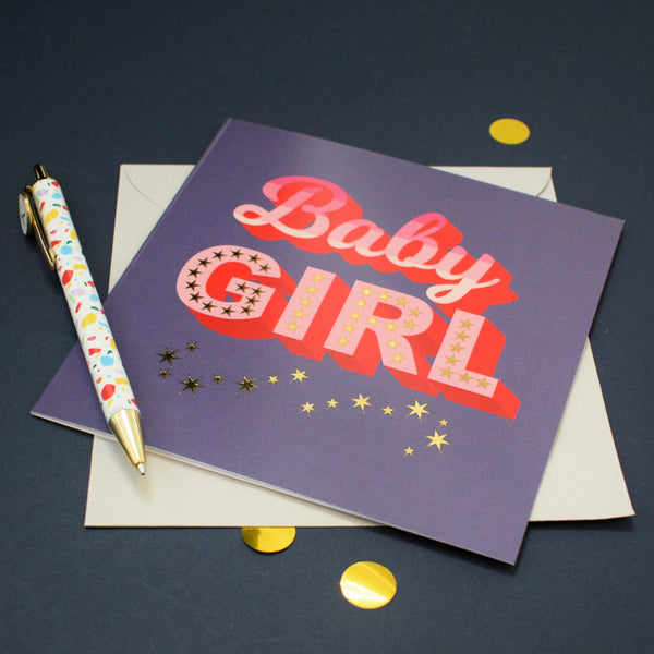 Baby Girl Card, Pink with gold stars and gold foil