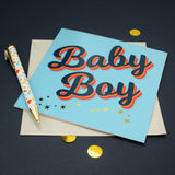 Baby Boy Card, Slanted script with gold stars and gold foil