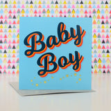 Baby Boy Card, Slanted script with gold stars and gold foil