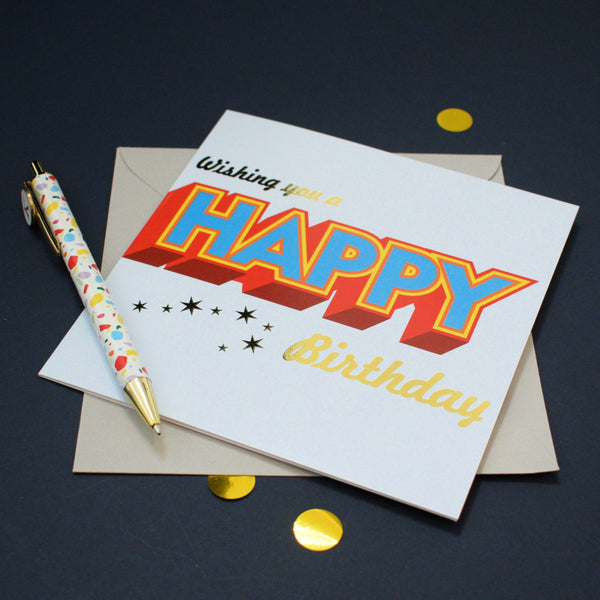 Birthday Card, Wishing you a Happy Birthday, Block letters, with gold foil
