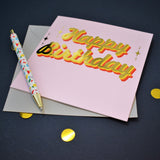 Birthday Card, Happy Birthday, Pink background and stars, with gold foil