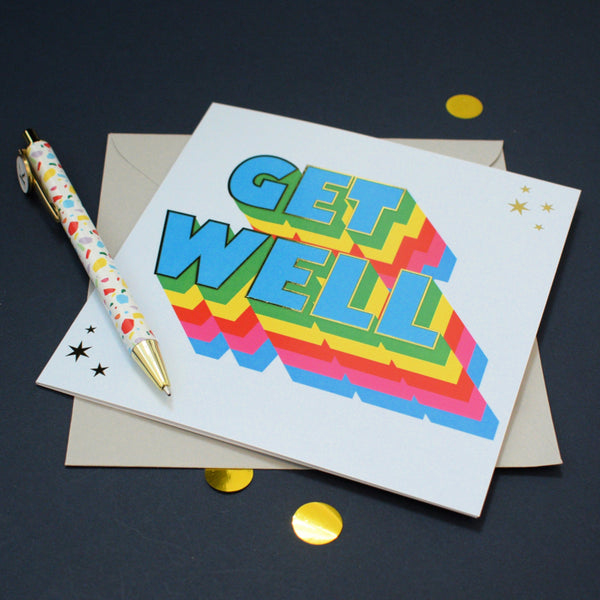 Get Well Card, Rainbow block letters and stars, with gold foil