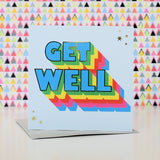 Get Well Card, Rainbow block letters and stars, with gold foil