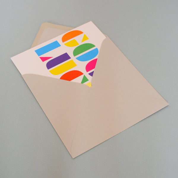 Good Luck Card, Rainbow stencil letters, with gold foil