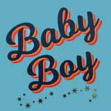 Baby Boy Card, Slanted script with gold stars and gold foil