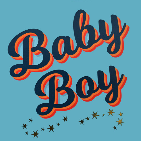 Baby Boy Card, Slanted script with gold stars and gold foil
