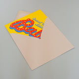 New Baby Card, Red on yellow background with stars and gold foil