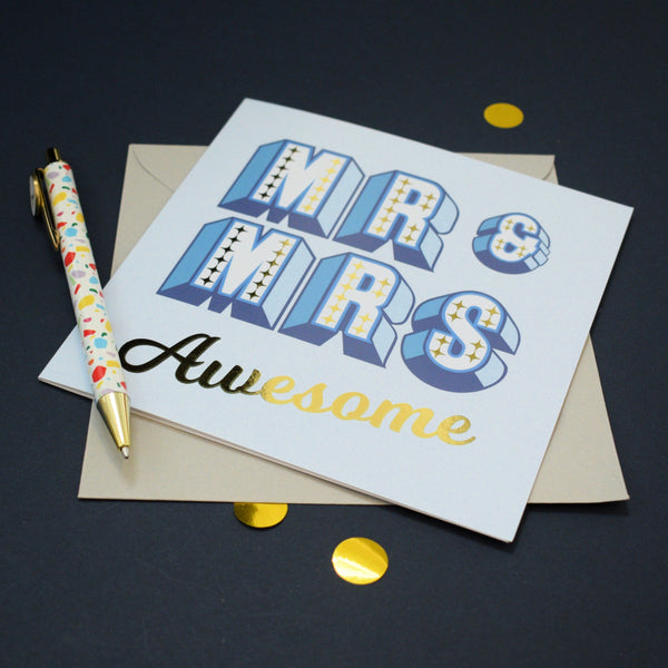 Wedding Card, Mr & Mrs Awesome, blue block letters, with gold foil