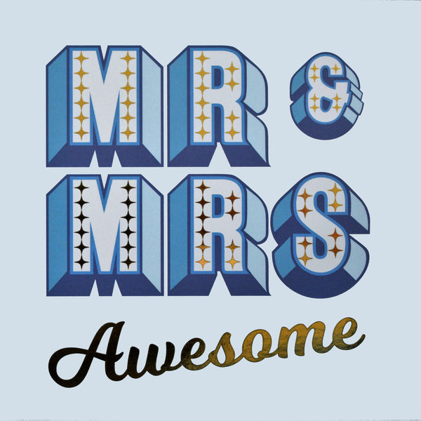 Wedding Card, Mr & Mrs Awesome, blue block letters, with gold foil