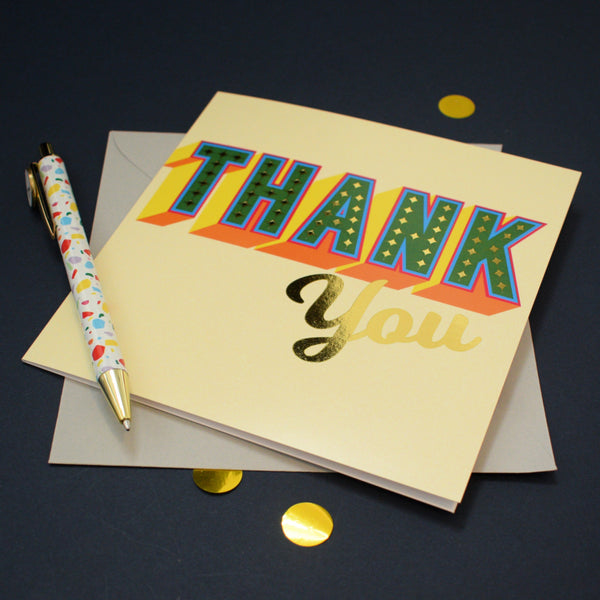 Thank You Card, Green block letters with stars and gold foil