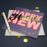 New Home Card, Pink on Plum Happy New Home, with gold foil