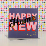 New Home Card, Pink on Plum Happy New Home, with gold foil