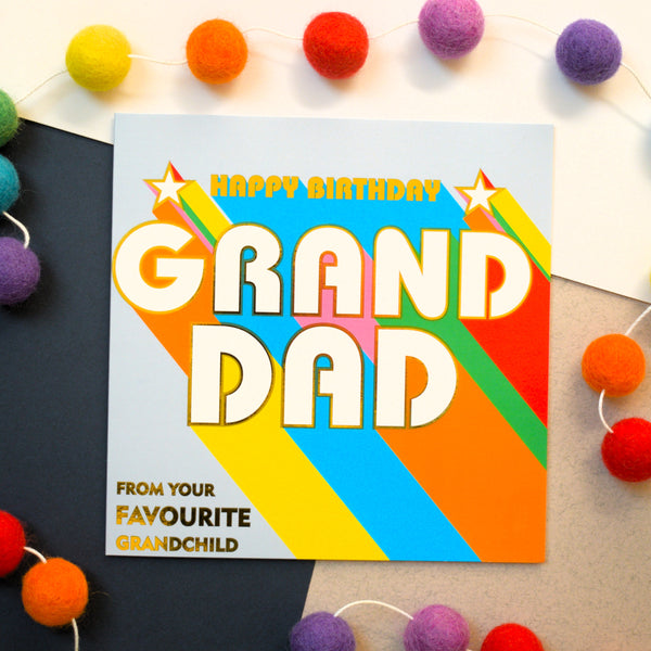 Birthday Card, Grandad, Favourite Grandchild, Retro, with gold foil