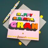 Birthday Card, Gran, Favourite Grandchild, Block letters, gold foil