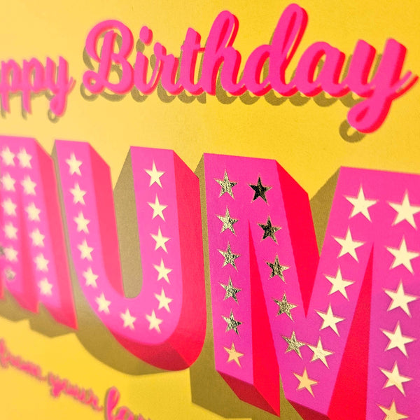 Birthday Card, Mum, Favourite Child, Pink on Yellow with gold foil