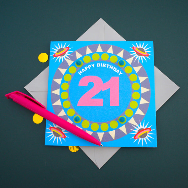 Birthday Card, Age 21 - Blue Circle, Happy 21st Birthday, Embellished with pompoms