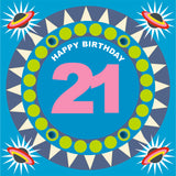 Birthday Card, Age 21 - Blue Circle, Happy 21st Birthday, Embellished with pompoms