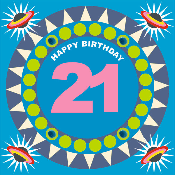 Birthday Card, Age 21 - Blue Circle, Happy 21st Birthday, Embellished with pompoms