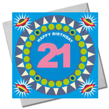 Birthday Card, Age 21 - Blue Circle, Happy 21st Birthday, Embellished with pompoms