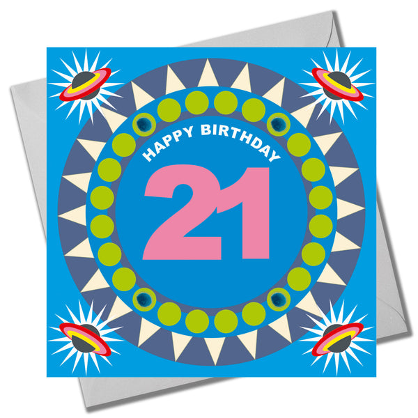 Birthday Card, Age 21 - Blue Circle, Happy 21st Birthday, Embellished with pompoms