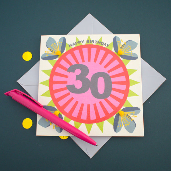 Birthday Card, Age 30 - Flowers, Happy 30th Birthday, Embellished with pompoms