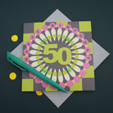 Birthday Card, Age 50 - Chequers, Happy 50th Birthday, Embellished with pompoms