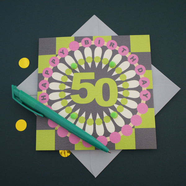 Birthday Card, Age 50 - Chequers, Happy 50th Birthday, Embellished with pompoms