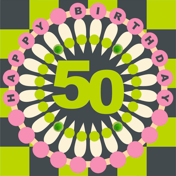 Birthday Card, Age 50 - Chequers, Happy 50th Birthday, Embellished with pompoms