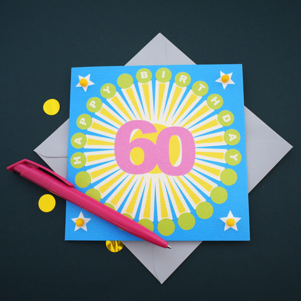 Birthday Card, Age 60 - Sunshine, Happy 60th Birthday, Embellished with pompoms