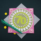 Birthday Card, Age 70 - Flower Power, Happy 70th Birthday, Embellished with pompoms