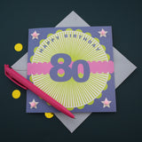 Birthday Card, Age 80 - Wheel, Happy 80th Birthday, Embellished with pompoms