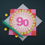 Birthday Card, Age 90 - Starburst, Happy 90th Birthday, Embellished with pompoms