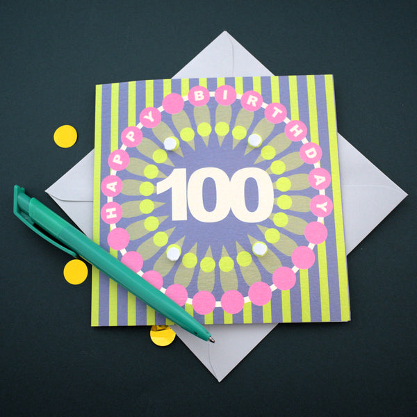 Birthday Card, Age 100 - Petal, Happy 100th Birthday, Embellished with pompoms