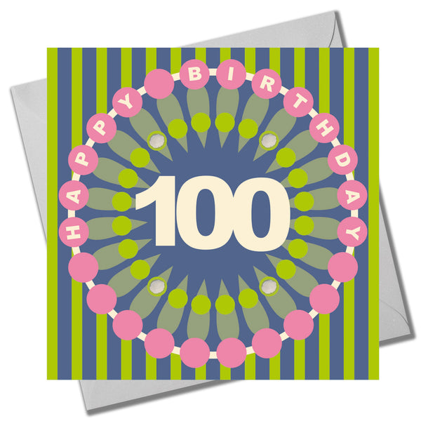 Birthday Card, Age 100 - Petal, Happy 100th Birthday, Embellished with pompoms