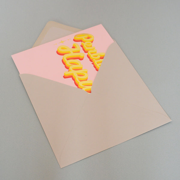 Welsh Birthday Card, Penblwydd Hapus, Pink background, with gold foil