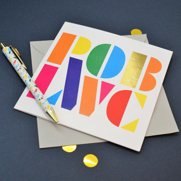 Welsh Good Luck Card, Pob Lwc, Rainbow Stencil letters, with gold foil